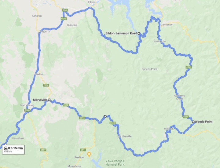 Melbourne to Eildon to Jamieson to Woods Point to Marysville to Melbourne