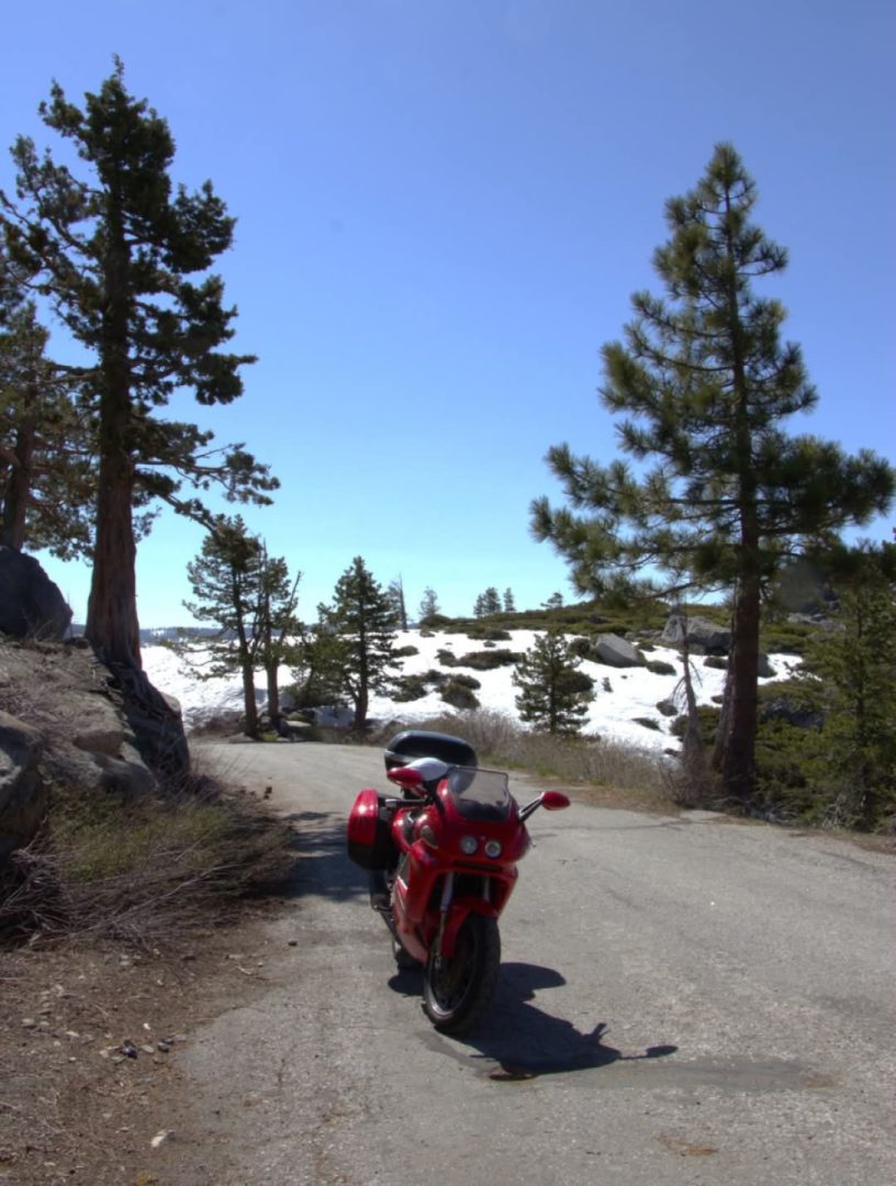 Snow still blocks the road at Shot Rock Vista (about 7,600 ft) on CA Highway 88