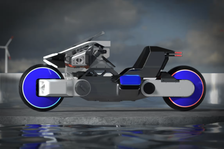 The Senmenti X concept places swingarms at the front and rear. The rider's feet appear to rest behind the swingarm pivots