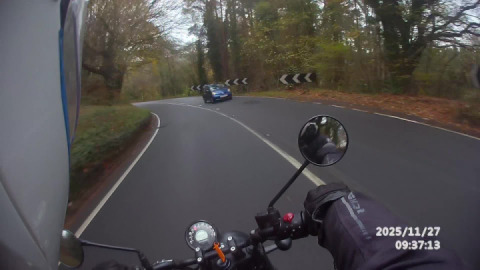 Riding a loan Royal Enfield Hunter 350 towards Sidmouth.